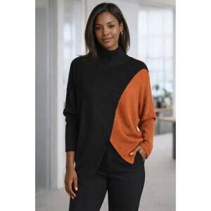 REVEL Colorblock Diagonal Mock Neck Cross Front Poncho Dolman Sleeve Sweater | L